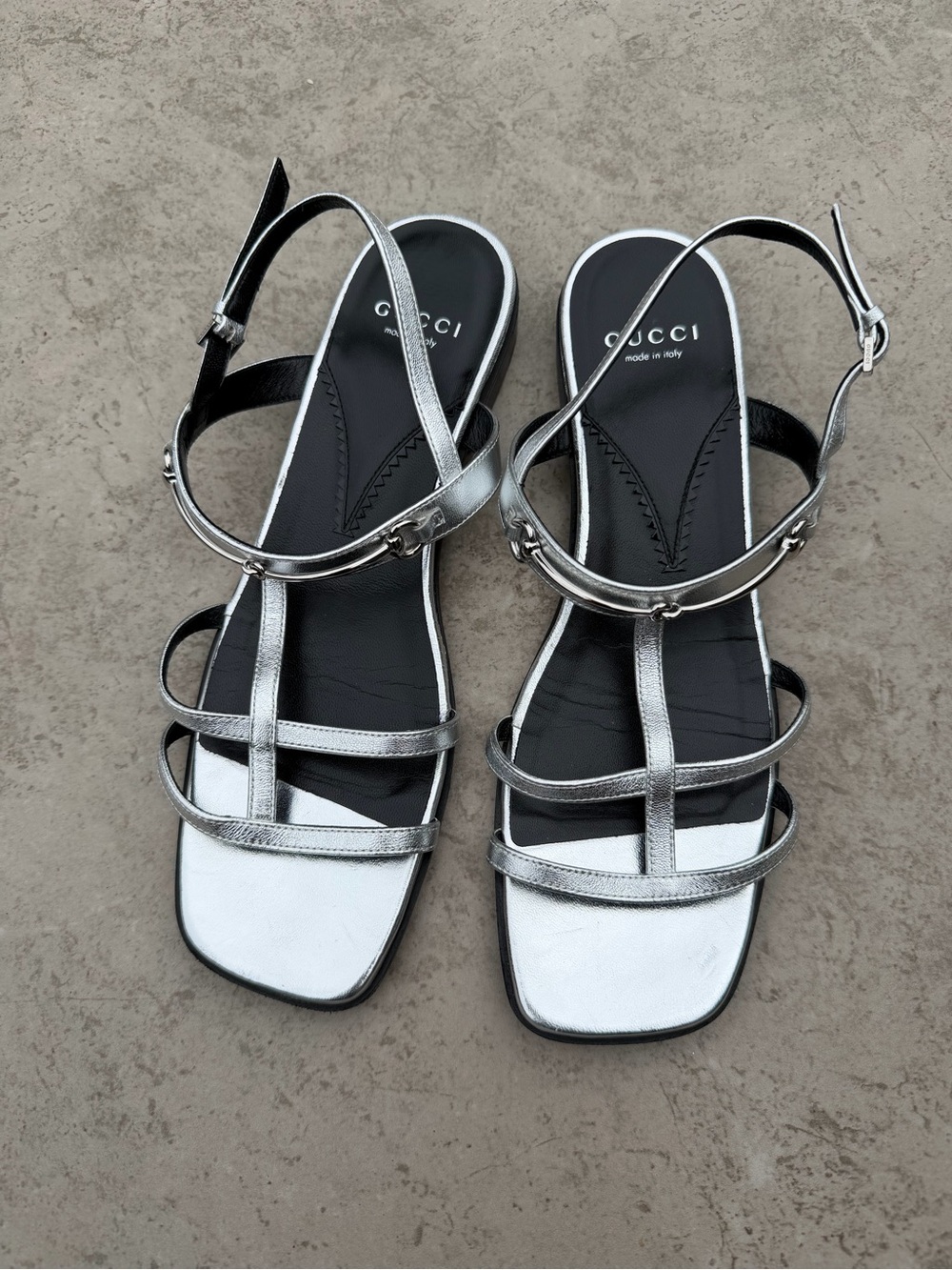 Gucci women’s Metallic Silver Multi-Strap Slingback Sandals